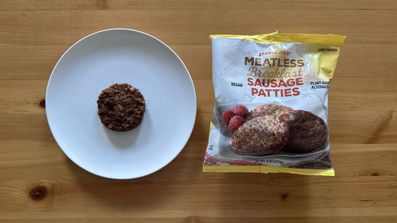 Trader Joe's Meatless Breakfast Sausage Patties on wooden table