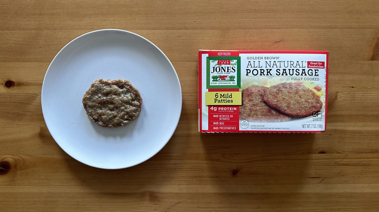 Jones All Natural Golden Brown Pork Sausage Patties on wooden table