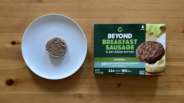 Beyond Breakfast Sausage Plant-Based Patties on wooden table
