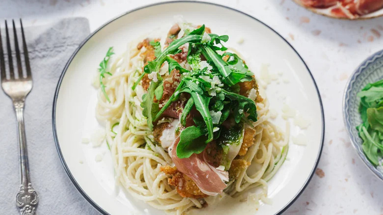 Top view of a copycat Cheesecake Factory Chicken Bellagio served on a plate