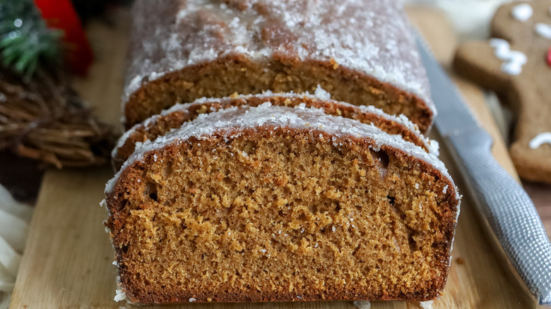 Sliced gingerbread pound cake with rum glaze