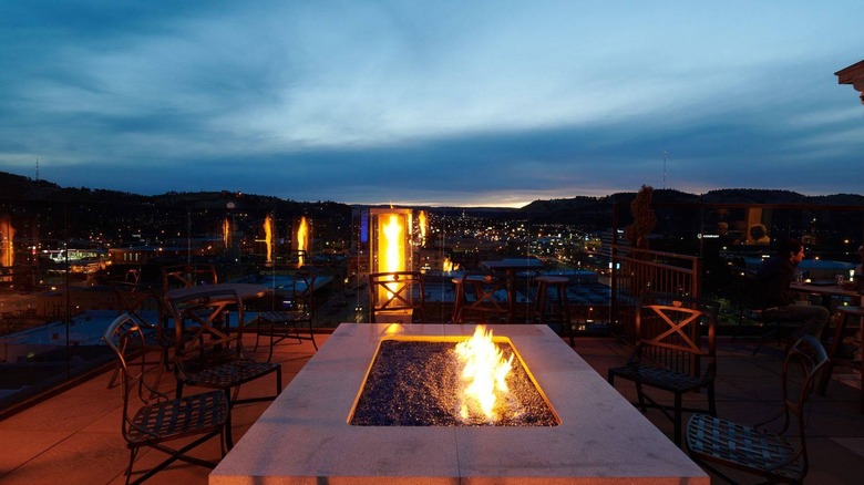 Vertex Sky Bar skyline view of Rapid City, South Dakota with fire pits