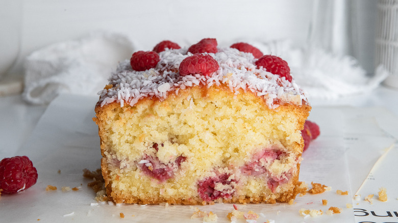 raspberry coconut cake on counter