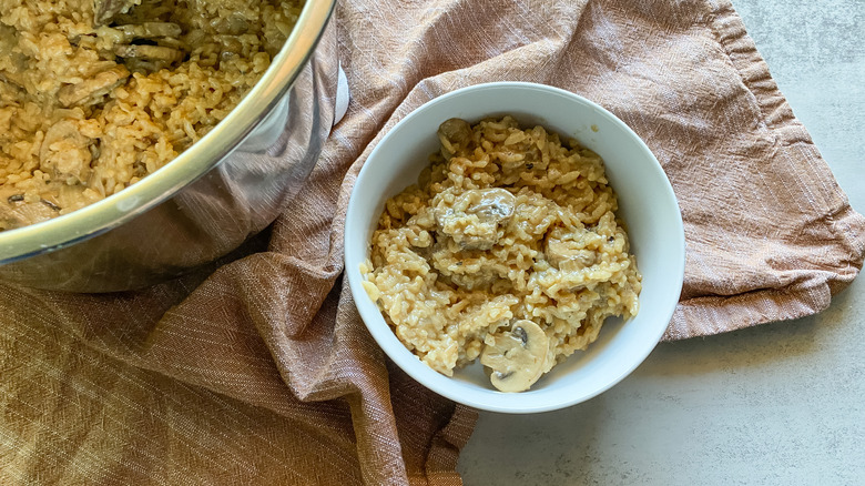 mushroom risotto in bowl