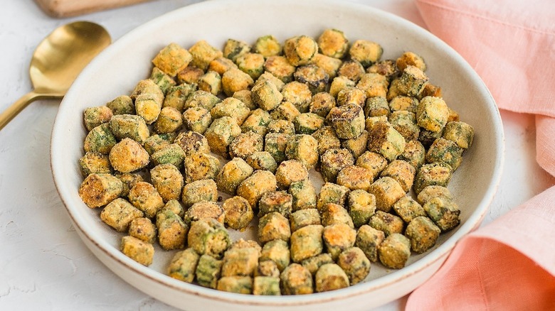 Fried okra chunks in bowl