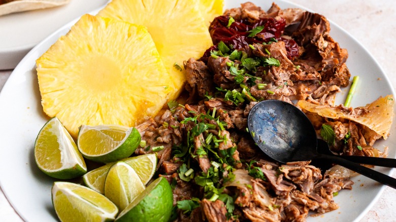 pork, cilantro, pineapple, and limes