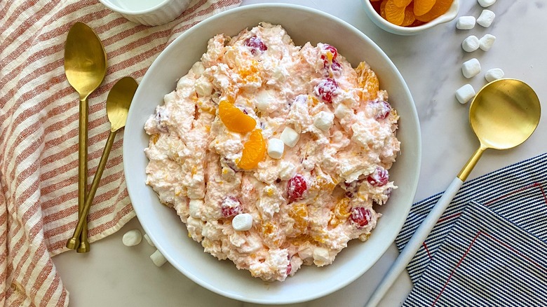 ambrosia salad in white bowl