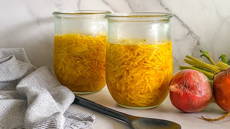 golden beets in jars