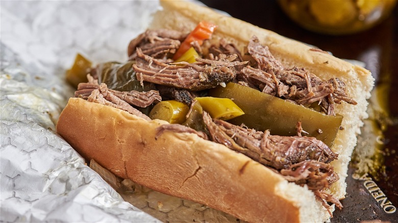 italian beef sandwich in paper wrapper