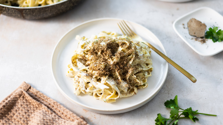 creamy truffle pasta in bowl