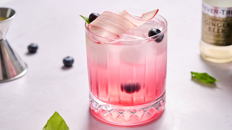 rhubarb blueberry mocktail on table