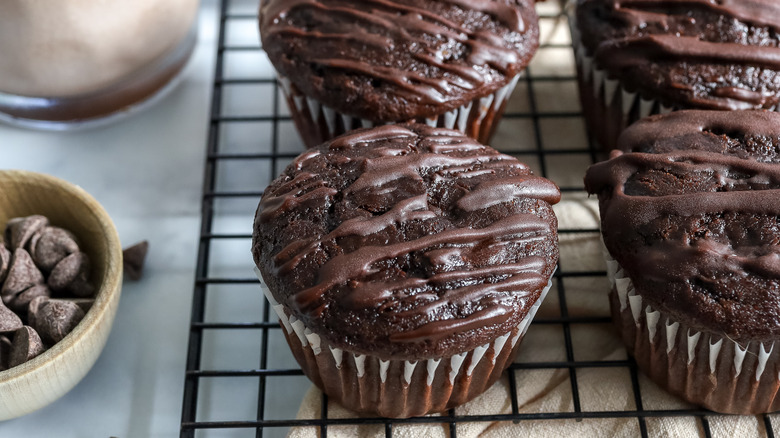 death by chocolate muffins on a cooling rack