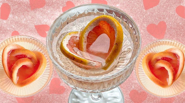 valentine's day champagne glasses with heart shaped grapefruit ice cubes