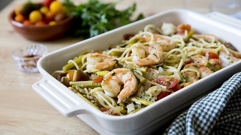 Shrimp scampi pasta in baking dish