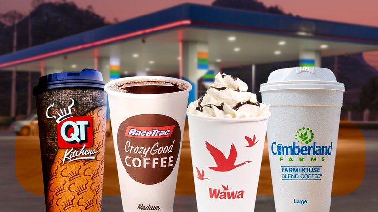 Collage featuring several gas stations' coffees