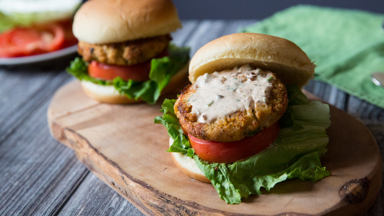 crab cake sandwiches on table