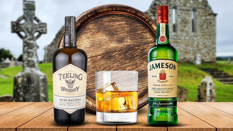 Composite image featuring Irish whiskey bottles, glass, and barrel with Irish countryside in background