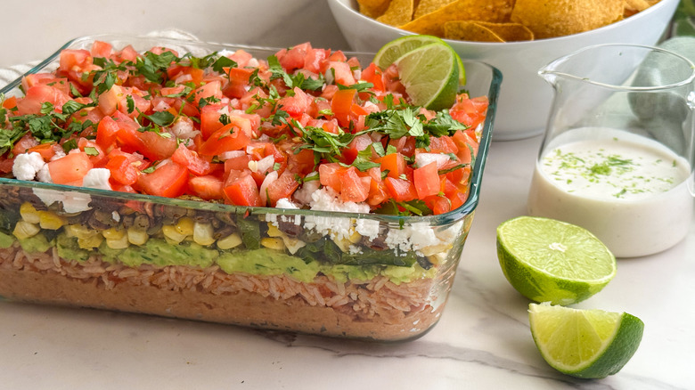 7-layer dip in glass dish