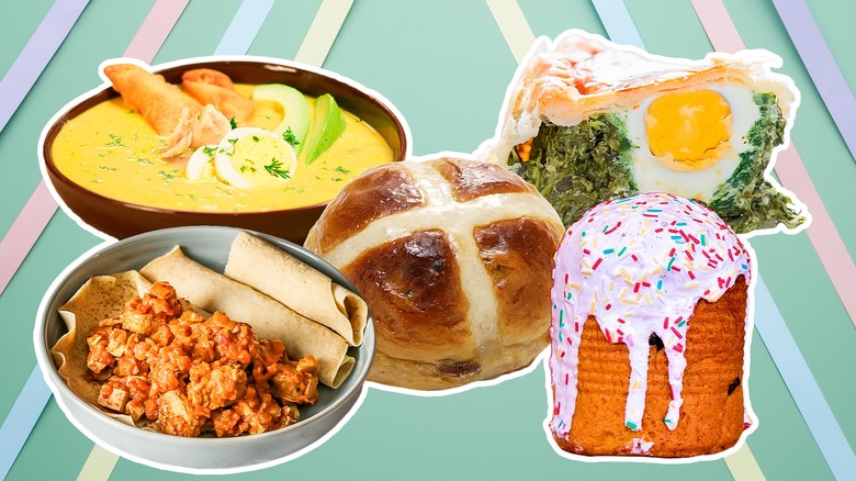 Five international Easter dishes against a green and striped pastel-colored background