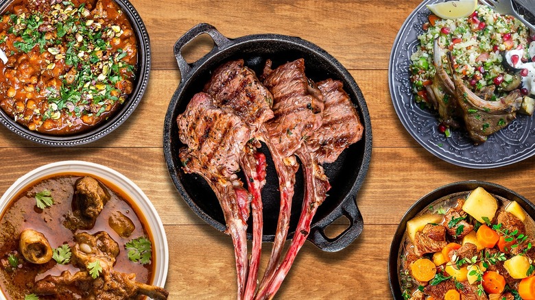 A composite image of various lamb dishes and central dish filled with lamb chops