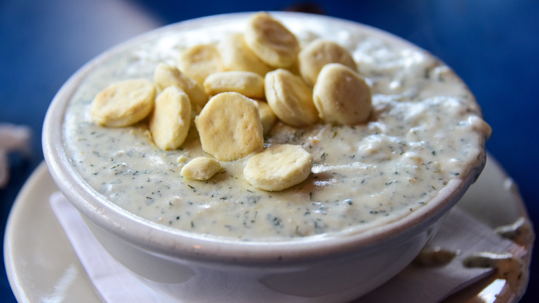 Close-up of a bowl of New England clam chowder