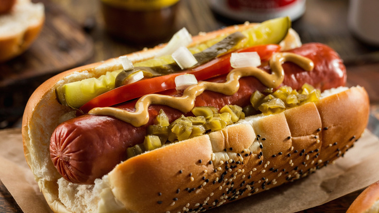 Close-up of a Chicago-style hot dog