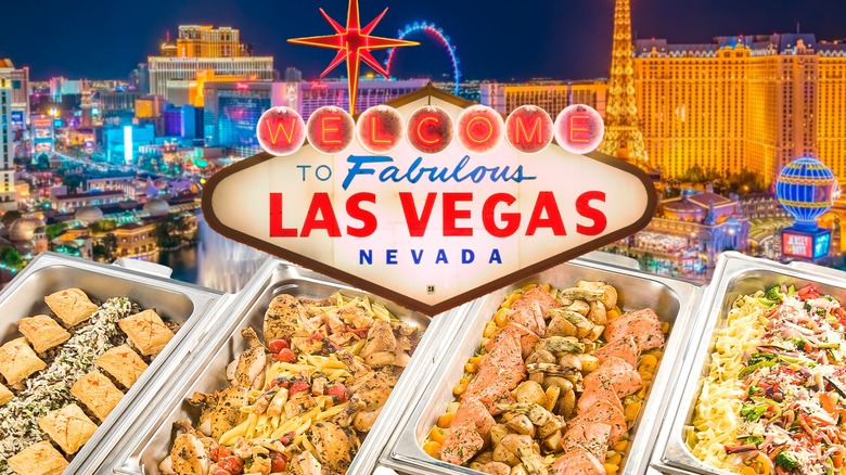 Four buffet trays underneath a Las Vegas welcome sign, against a backdrop of the city