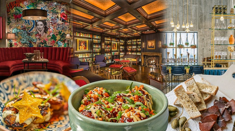Collage of restaurant interiors behind plated dishes