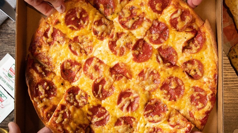 Overview of an Aurelio's pepperoni pizza