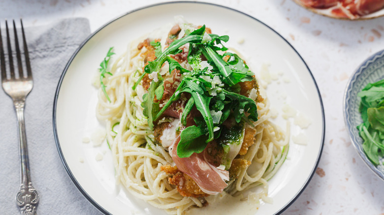 Chicken dish on white plate