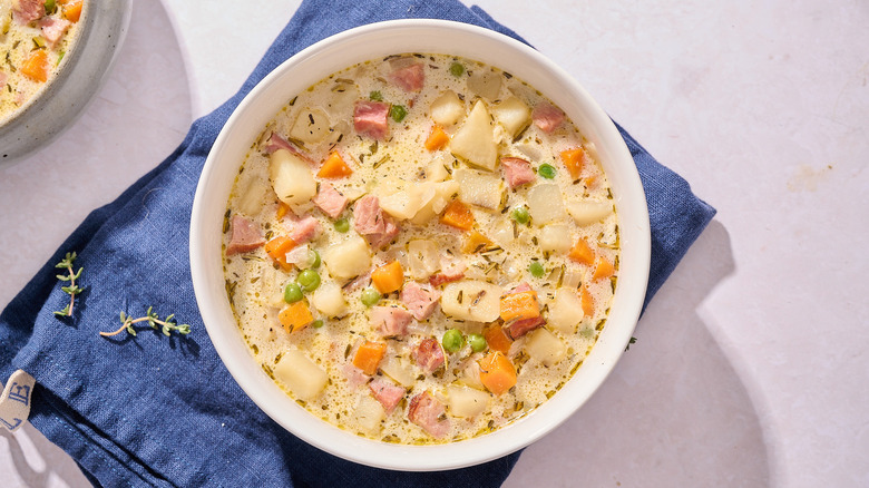ham and potato soup in a bowl
