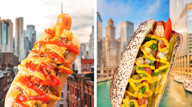 A New York hot dog and Chicago hot dog side by side