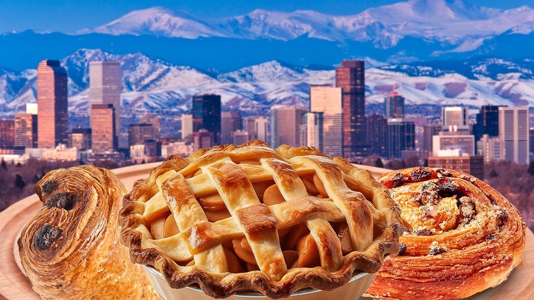 Baked goods backdropped by the Denver skyline