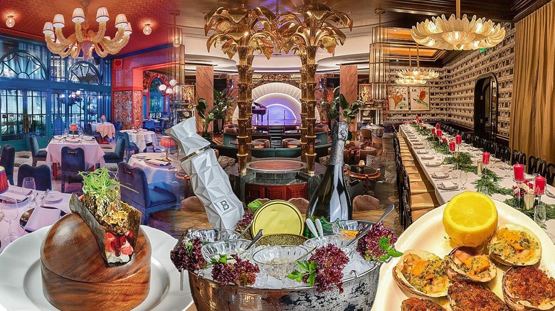 Various restaurant interiors with sushi and tartar in the foreground