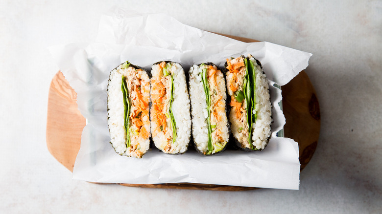 tuna onigirazu on wooden board