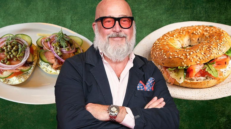 open-faced bagel and bagel sandwich with portrait of Andrew Zimmern