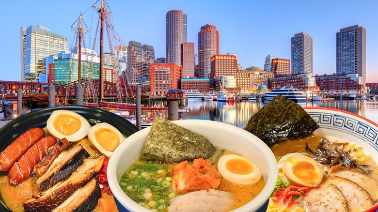Composite image with assortment of ramen and the Boston skyline