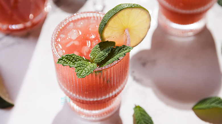 Watermelon cocktail in a glass with lime and mint garnishes