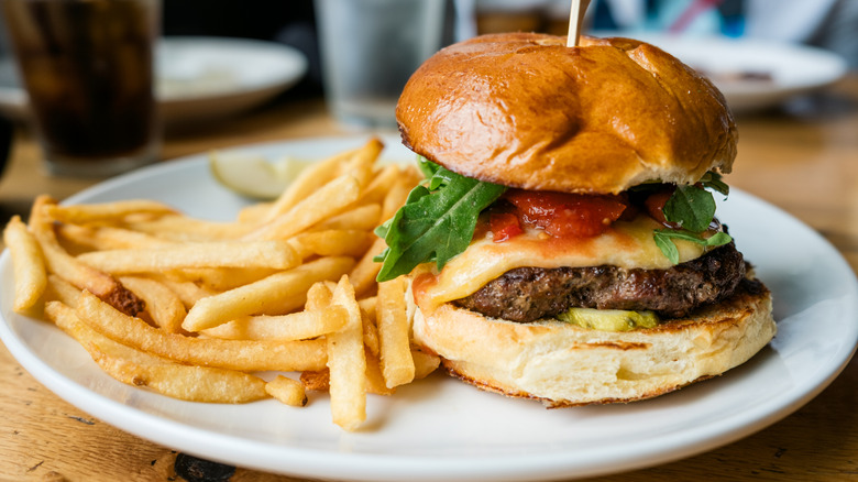 Close-up of a classic cheeseburger and french fries on a plate