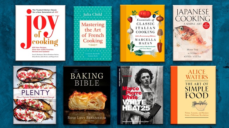 Variety of cookbooks on a blue background