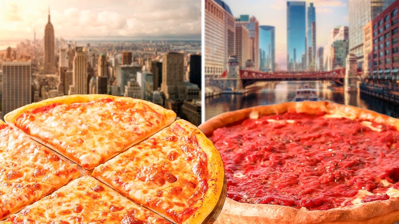 New York and Chicago style pizzas in front of the city skylines