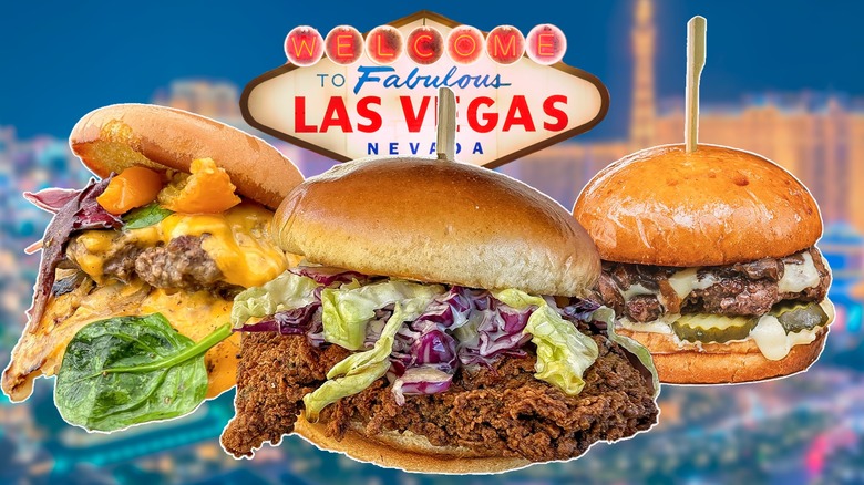 Composite image of three burgers with Las Vegas sign and skyline in the background
