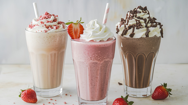 Three milkshakes topped with whipped cream against white background