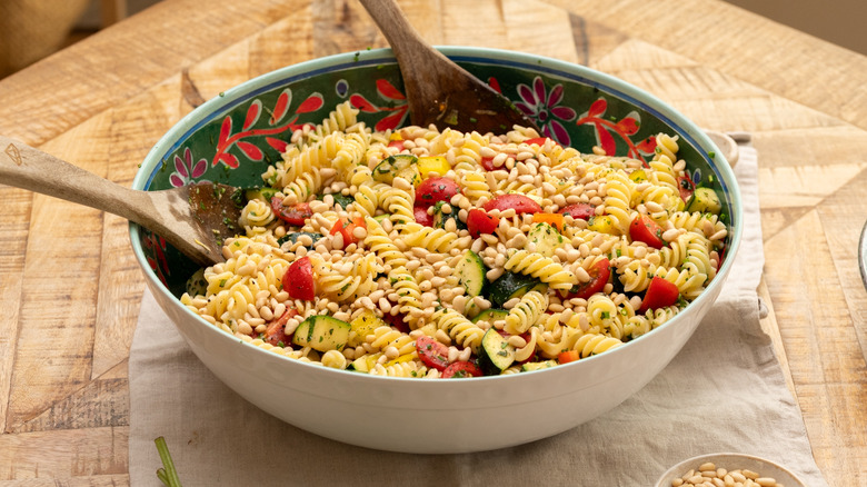 Summer garden pasta salad in serving bowl