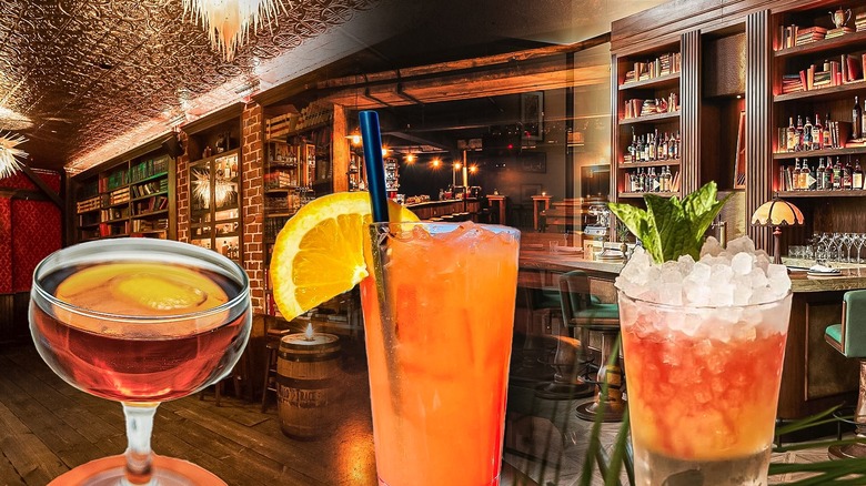 Three cocktails against a speakeasy backdrop