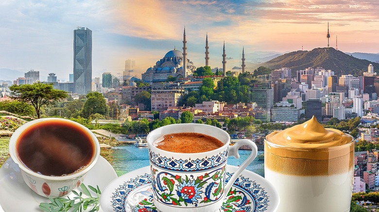 3 cups of coffee with a collage of various major cities in the background