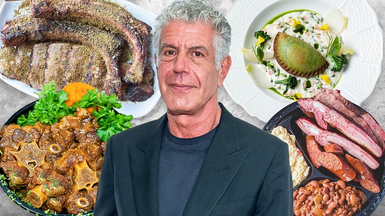Anthony Bourdain surrounded by food