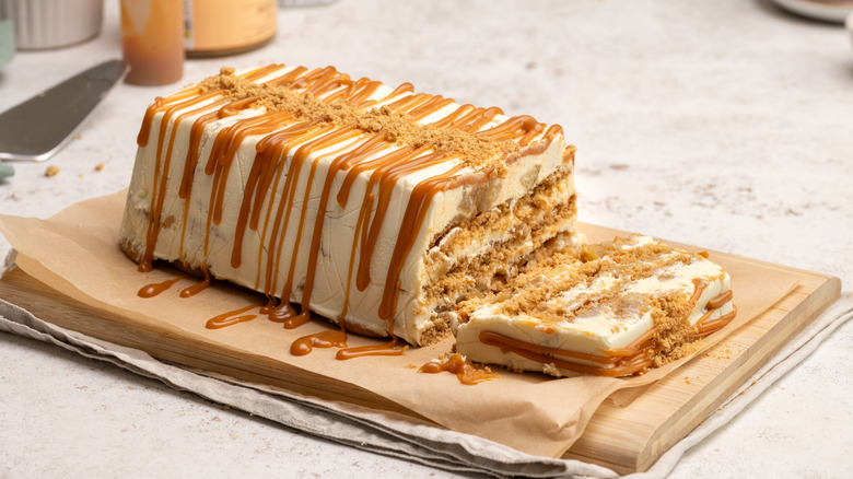 Caramel apple icebox cake slices on wooden board