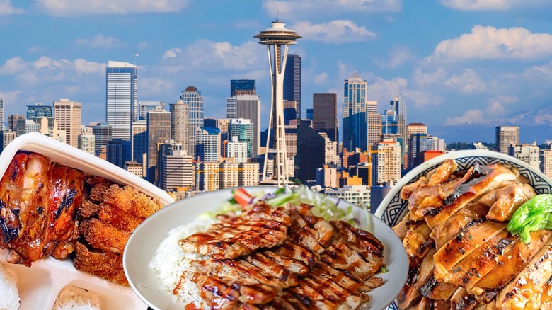Composite image of Seattle skyline and three teriyaki dishes