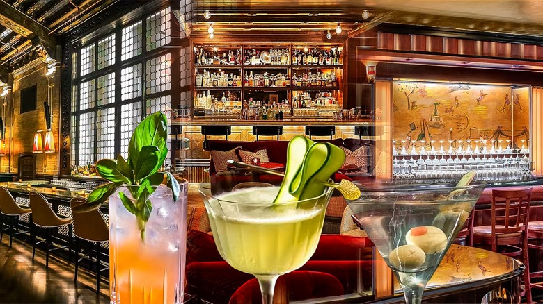 Composite image featuring drinks and interiors from three NYC bars